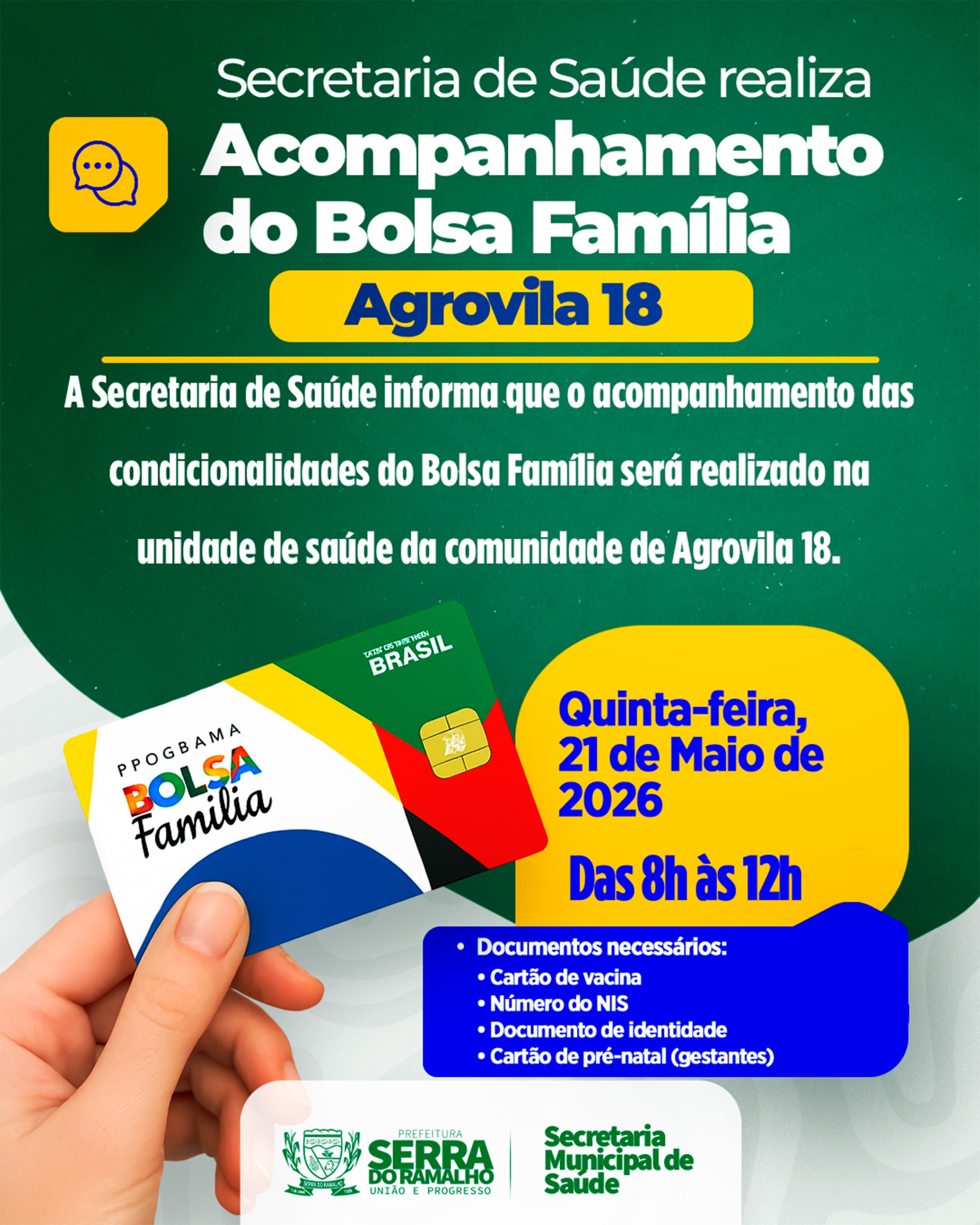 Secretaria de Saúde Realizará Acompanhamento do Bolsa Família na Agrovila 18