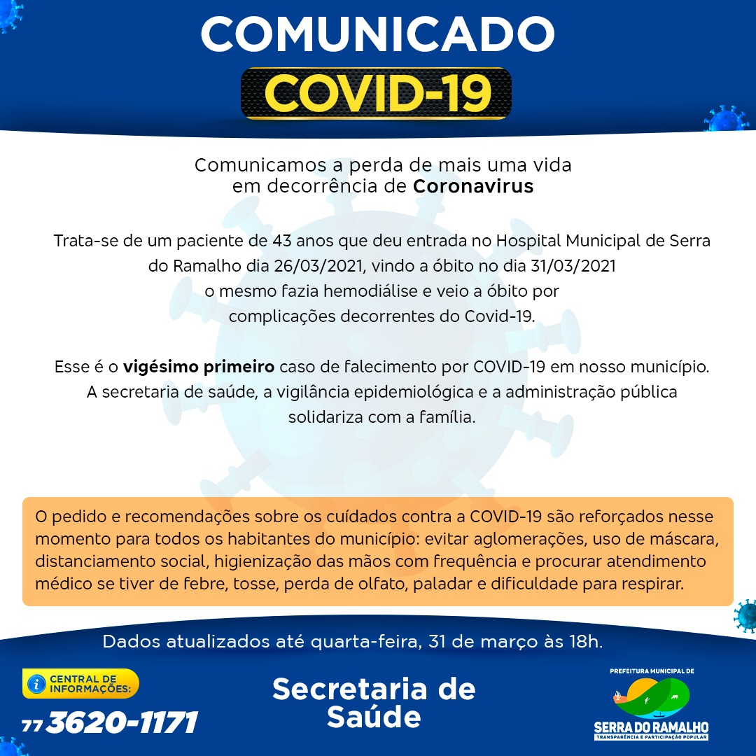 Comunicado de óbito do Covid -19 em Serra do Ramalho BA.