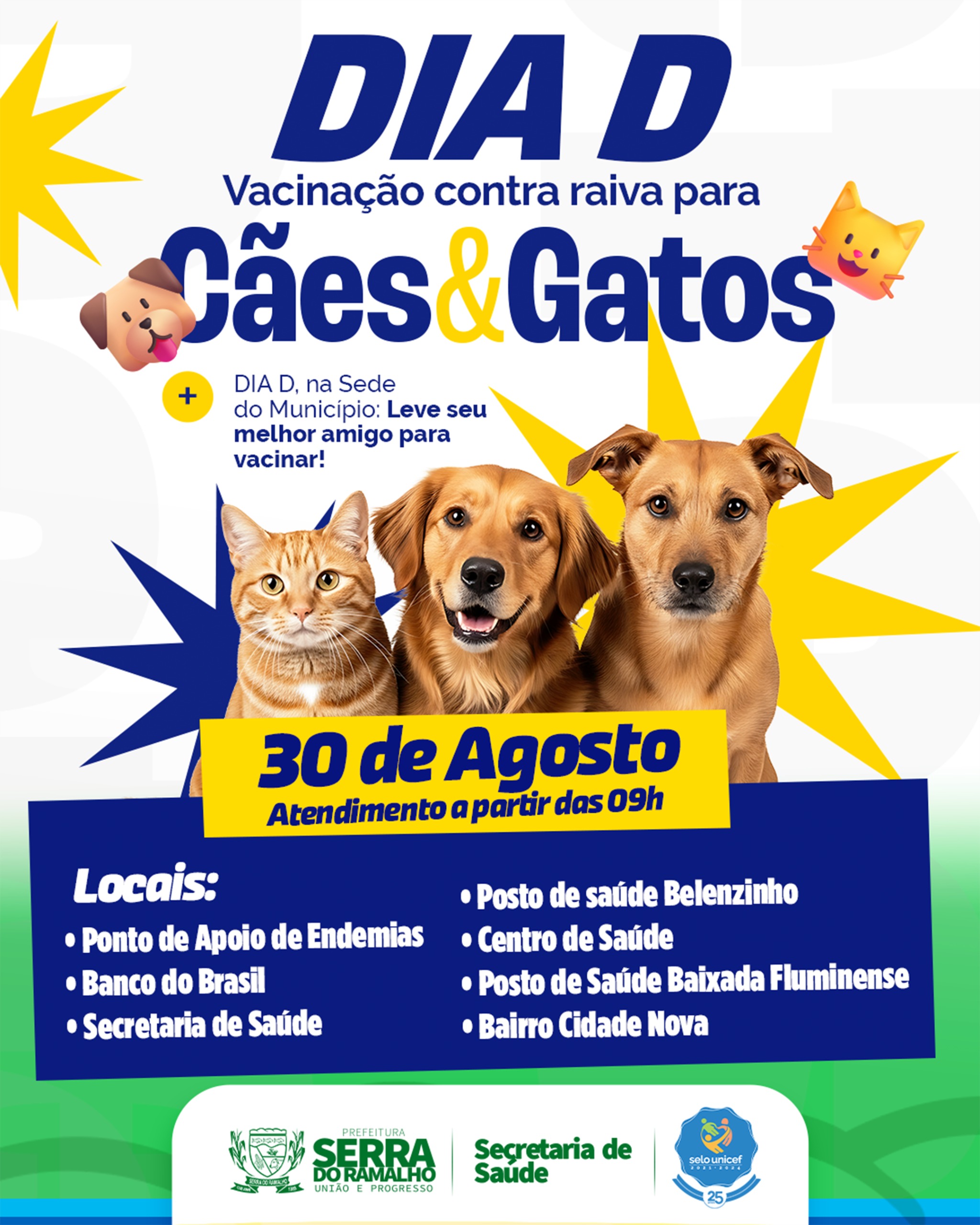 Dia D de vacinação contra a raiva para cães e gatos será neste sábado (30) em Serra do Ramalho