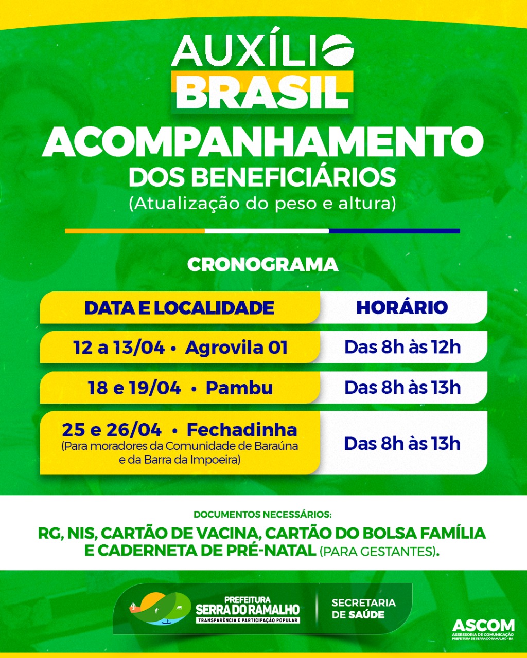 Atenção ao cronograma das Agrovilas e comunidades de Serra do Ramalho onde será realizado o acompanhamento dos beneficiários do Auxílio Brasil!