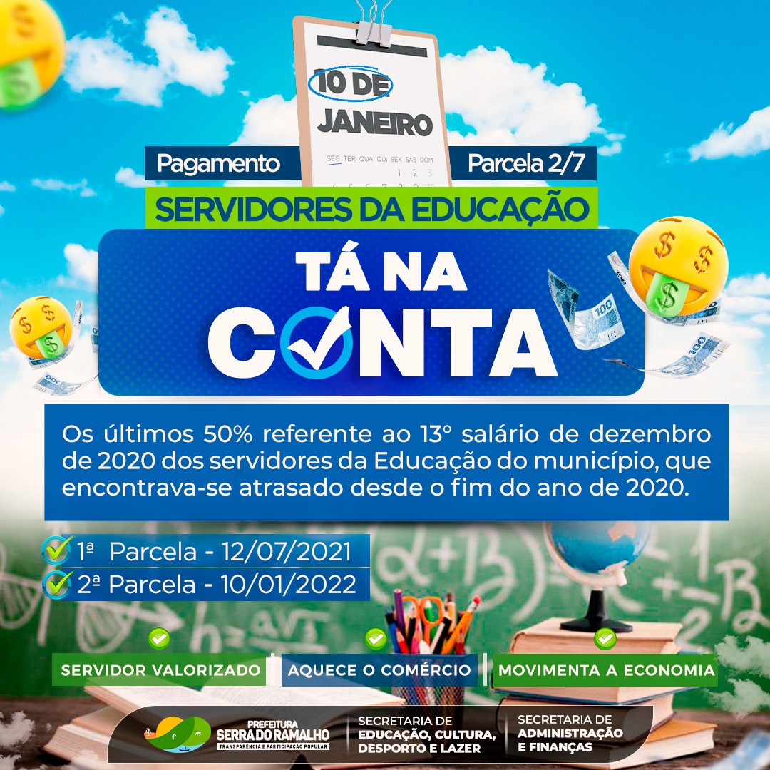 Começou a ser pago a partir deste mês os últimos 50% referentes ao 13° salário de dezembro de 2020 dos servidores da Educação do município, que encontrava-se atrasado desde o fim do ano de 2020
