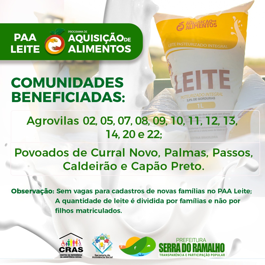 A partir do Programa Municipal de Aquisição de Alimentos, a Prefeitura de Serra do Ramalho distribui leite para famílias de crianças que estudam na rede pública de ensino.