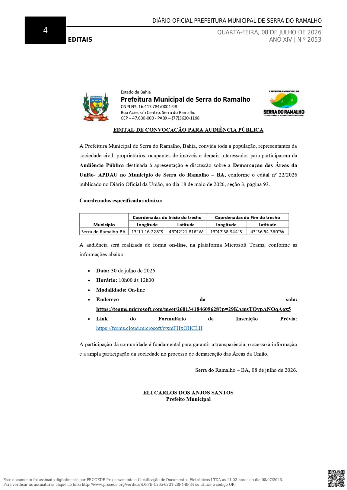 Prefeitura Publica Edital de Convocação para Audiência Pública Sobre a Demarcação das Áreas da União em Serra do Ramalho