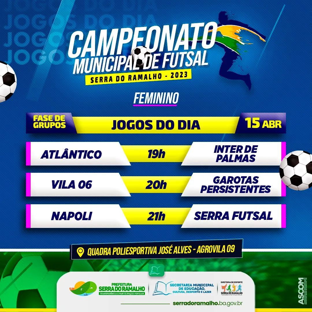 Atenção: O Campeonato Municipal de Futsal começa dia 15 de abril, neste sábado!!!!