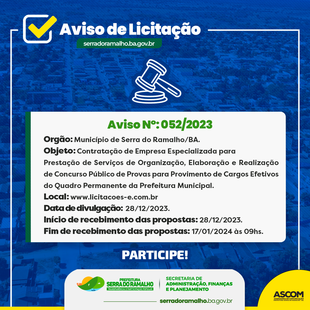 Município de Serra do Ramalho divulga Aviso de Licitação para Concurso Público