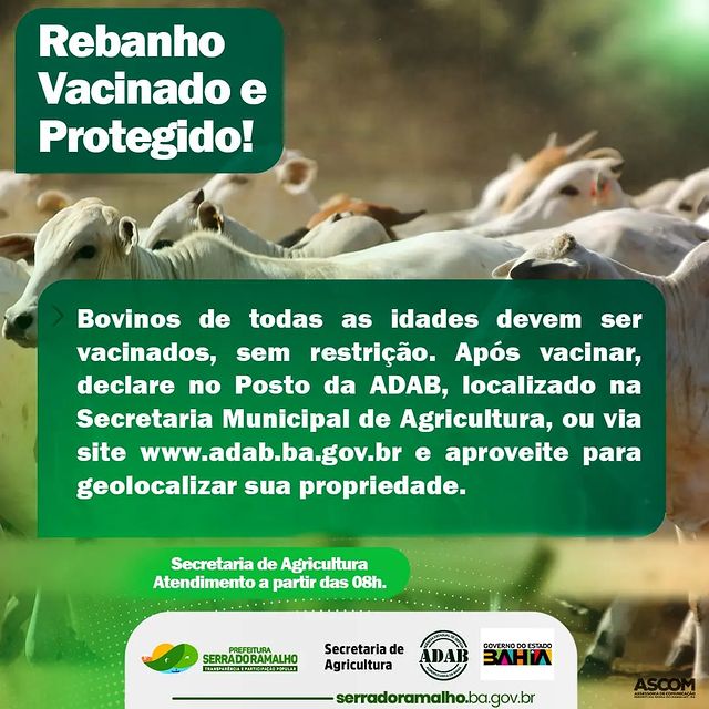 A primeira etapa de vacinação contra a Febre Aftosa já começou, e vai até o dia 31 de maio!