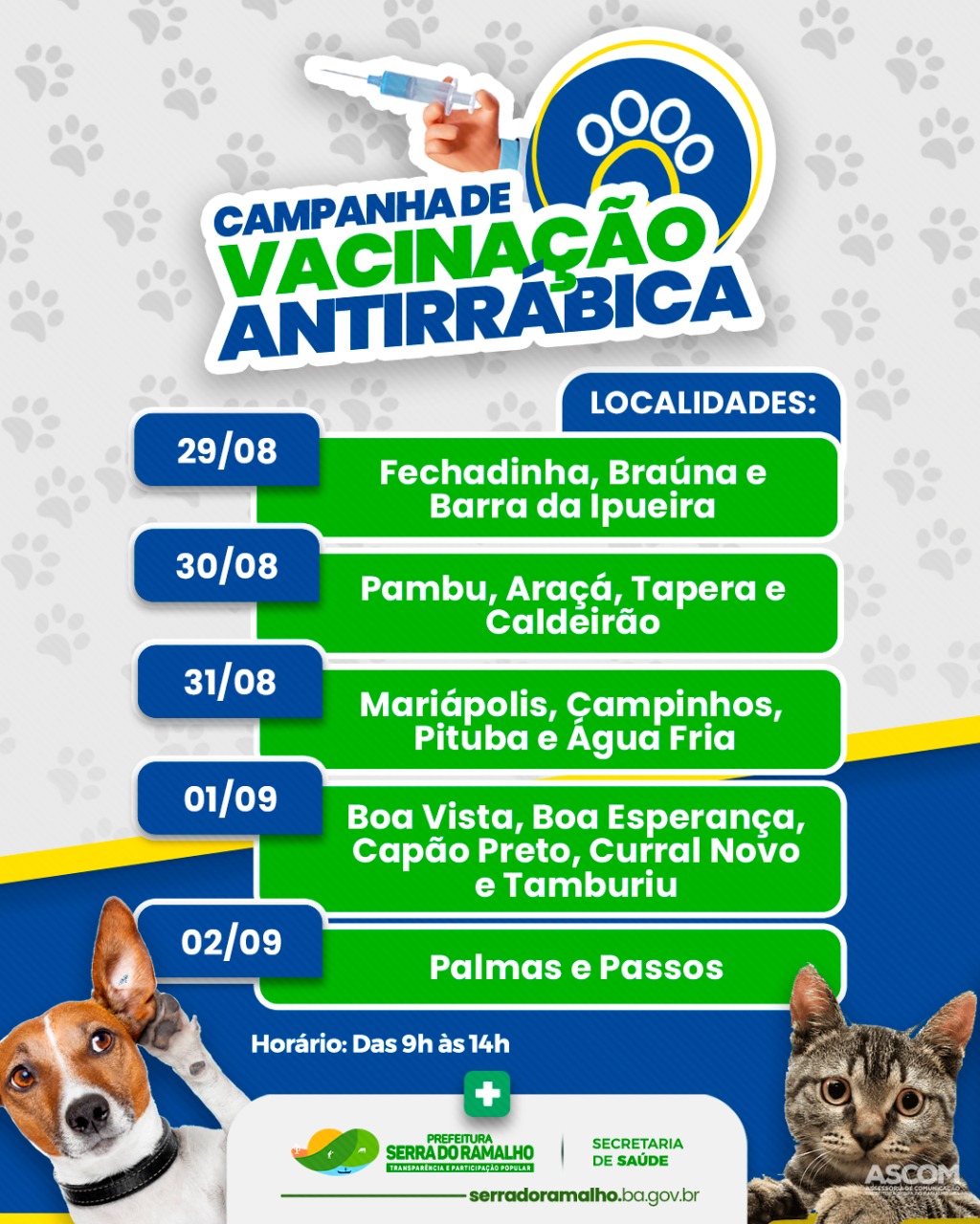 Alô, Serra do Ramalho! Fique atento ao cronograma de vacinação antirrábica!