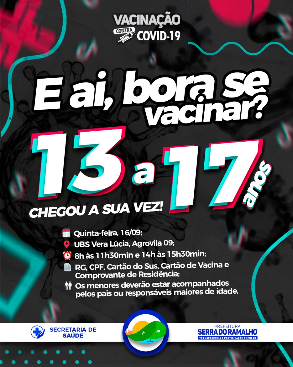 E aí, bora se vacinar?! Atenção adolescentes de 13 a 17 anos, sua hora chegou! Dia 16 de setembro (quinta-feira) será iniciada a aplicação da primeira dose da vacina contra a Covid-19 destinada a pessoas de a partir de 13 anos na Agrovila 09, na UBS Ve