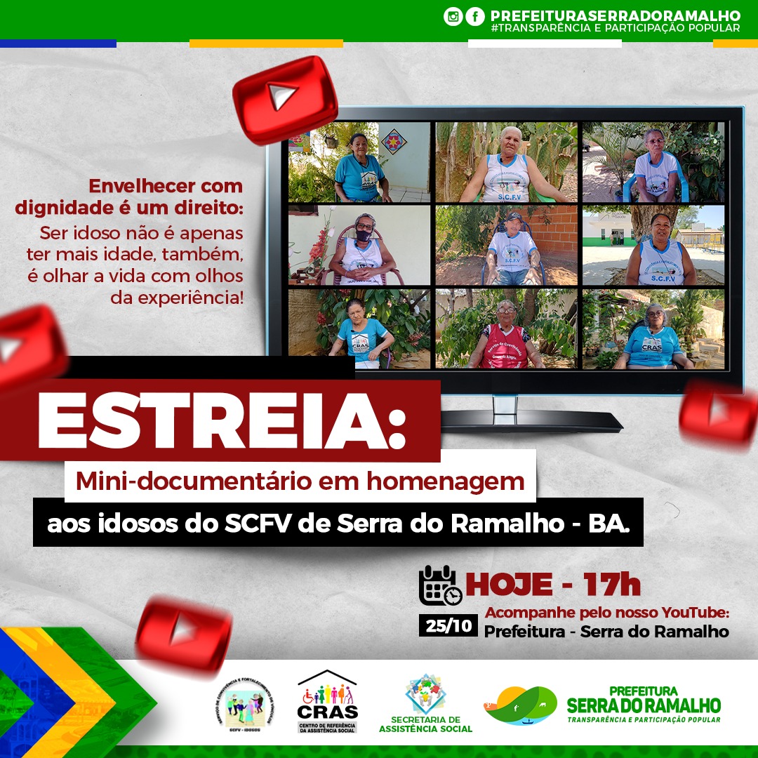 A Prefeitura de Serra do Ramalho tem o orgulho de apresentar hoje, 25/10, às 17h, a estreia do mini-documentário em homenagem aos idosos da SCFV (Serviço de Convivência e Fortalecimento de Vínculo) de Serra do Ramalho.
