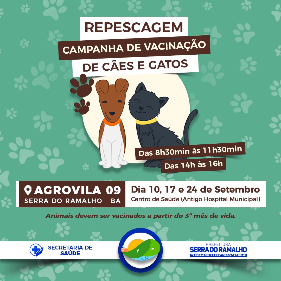 Se você ainda não vacinou seu pet, procure o Centro de Saúde (Antigo Hospital) nas próximas sextas-feiras, dias 10, 17 e 24 de setembro, das 8h30min às 11h30min e das 14h às 16h.