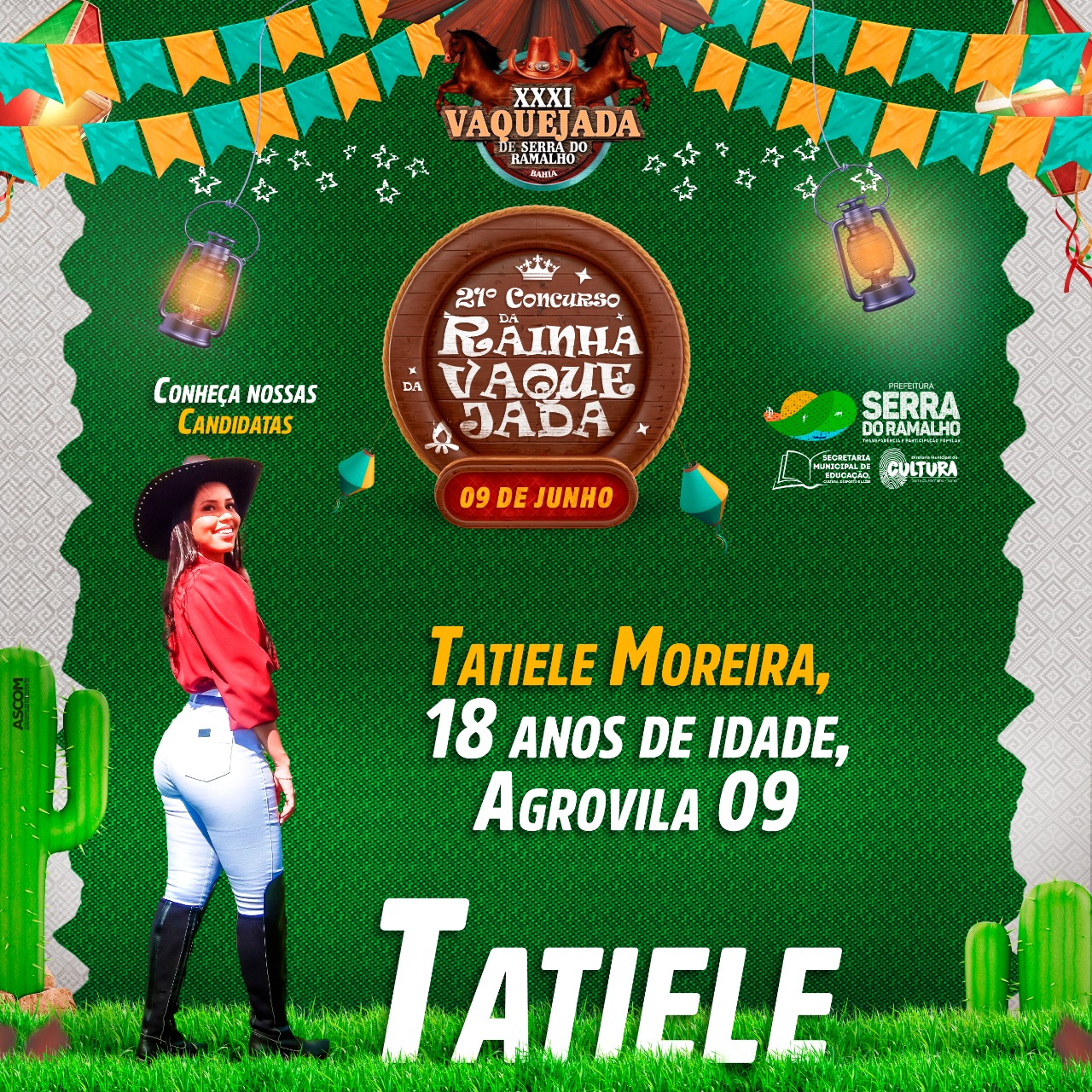 Conheça Tatiele Moreira, uma das nossas belíssimas candidatas ao título de Rainha da XXXI Vaquejada de Serra do Ramalho. Tatiele tem 18 anos de idade, e mora na Agrovila 09 do município.