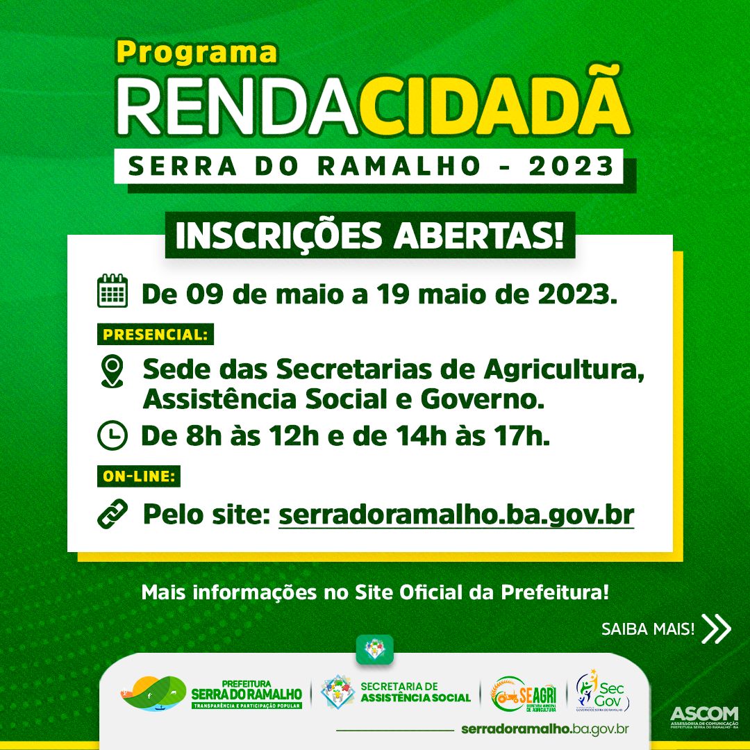 As inscrições para o Programa Renda Cidadã estão abertas até o dia 19 de maio!