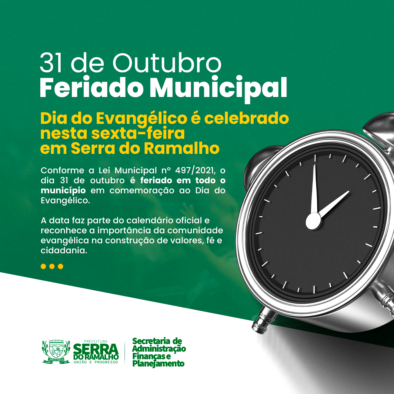 Feriado municipal em razão do Dia do Evangélico