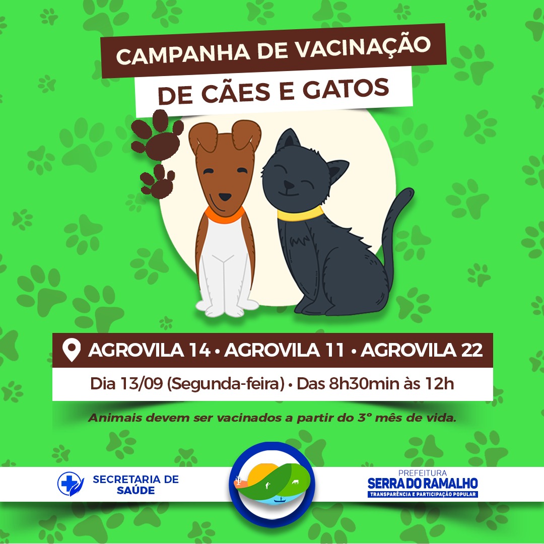 A vacinação antirrábica nas agrovilas 14, 11 e 22 acontecerá nesta segunda (10/09) das 08h30min às 12h.