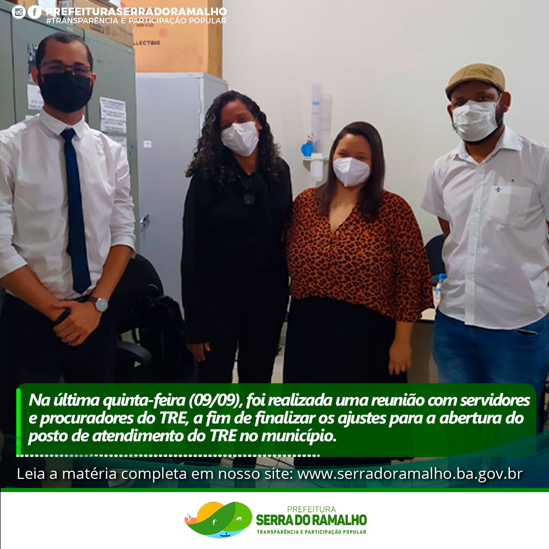 Ontem (09/09), houve uma importante reunião com os servidores do TRE, a Procuradora Geral Licenciada, Drª Edinês Rocha, e o Procurador em exercício, Dr. Leonardo Cardoso, a fim da finalização dos ajustes para a abertura do posto de atendimento do TRE no m